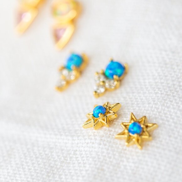 Opal Star Studs Blue opal Starburst Earrings North Star Studs Tiny Gold Dainty - Picture 12 of 13
